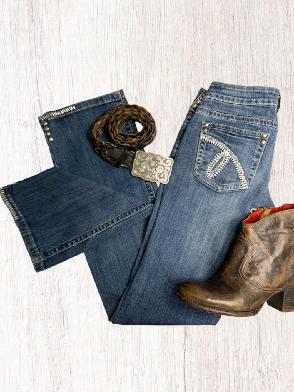 Rodeo Style “Cowgirl Tuff Co.” Chrome Gypsy Bootcut Bling Jeans Wash Medium- 27